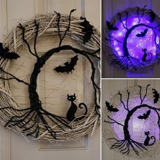Svart Fladdermus Katt Halloween Dörrkrans Led Ljus | Veska