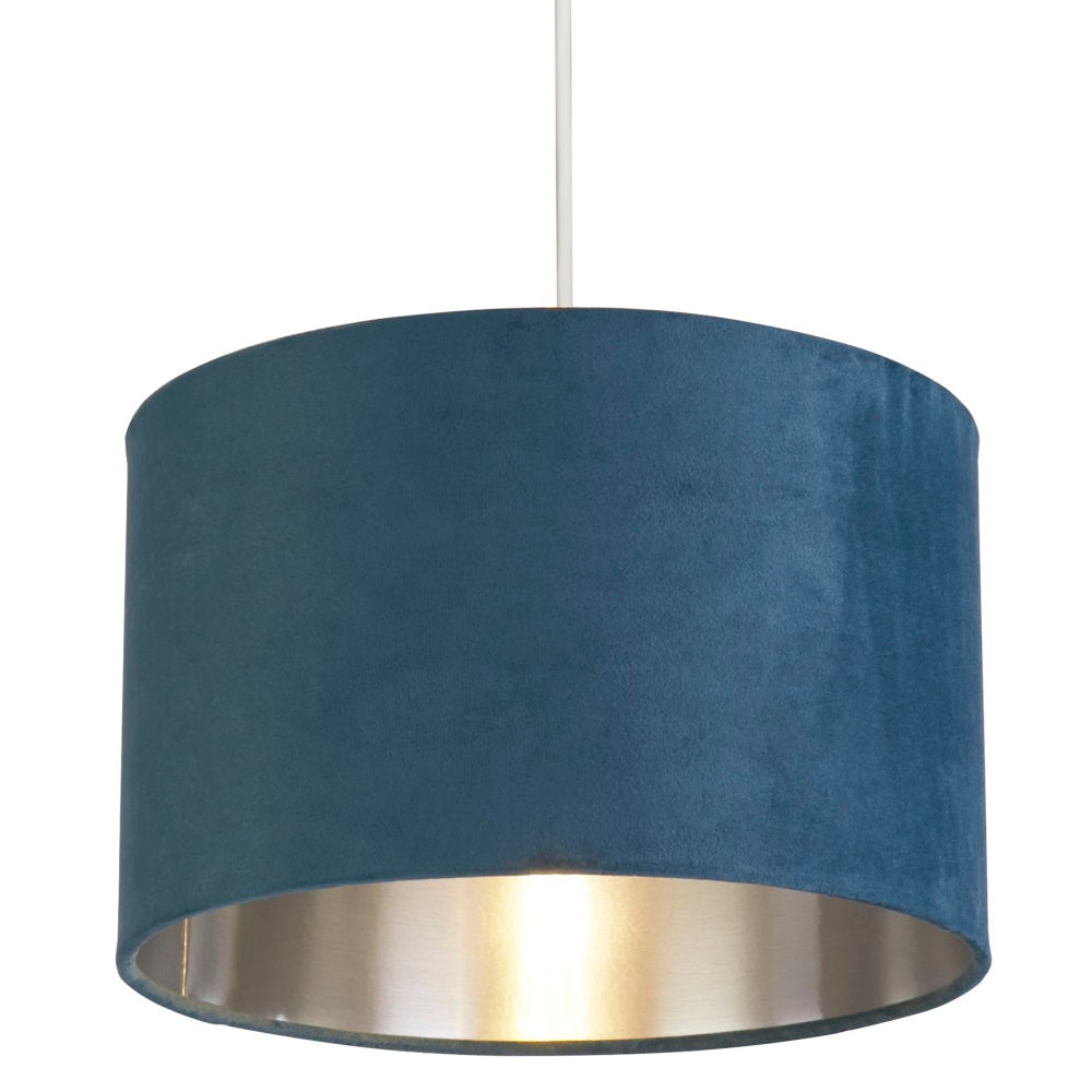 Teal Blue Velvet Vintage Easy Fit Drum Shade with Silver Interior 28cm | Veska