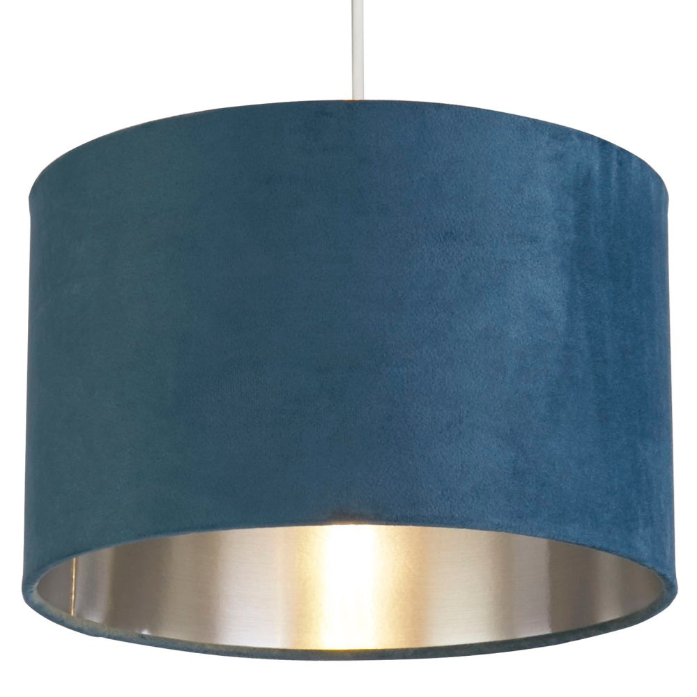 Teal Blue Velvet Vintage Easy Fit Drum Shade with Silver Interior 28cm | Veska