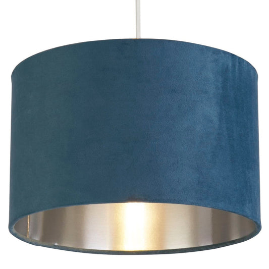 Teal Blue Velvet Vintage Easy Fit Drum Shade with Silver Interior 28cm | Veska
