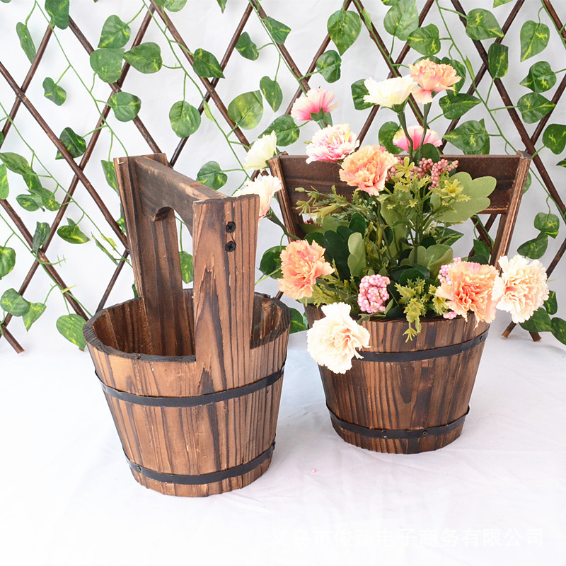 Träbalja planter i tunnedesign för trädgård och terrass dekorativa Veskaomkrukor gjorda av trä | Veska