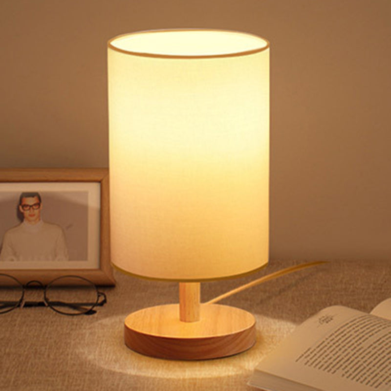 Traditionell japansk cylinder trä tyg 1-lampa bordslampa för vardagsrummet | Veska