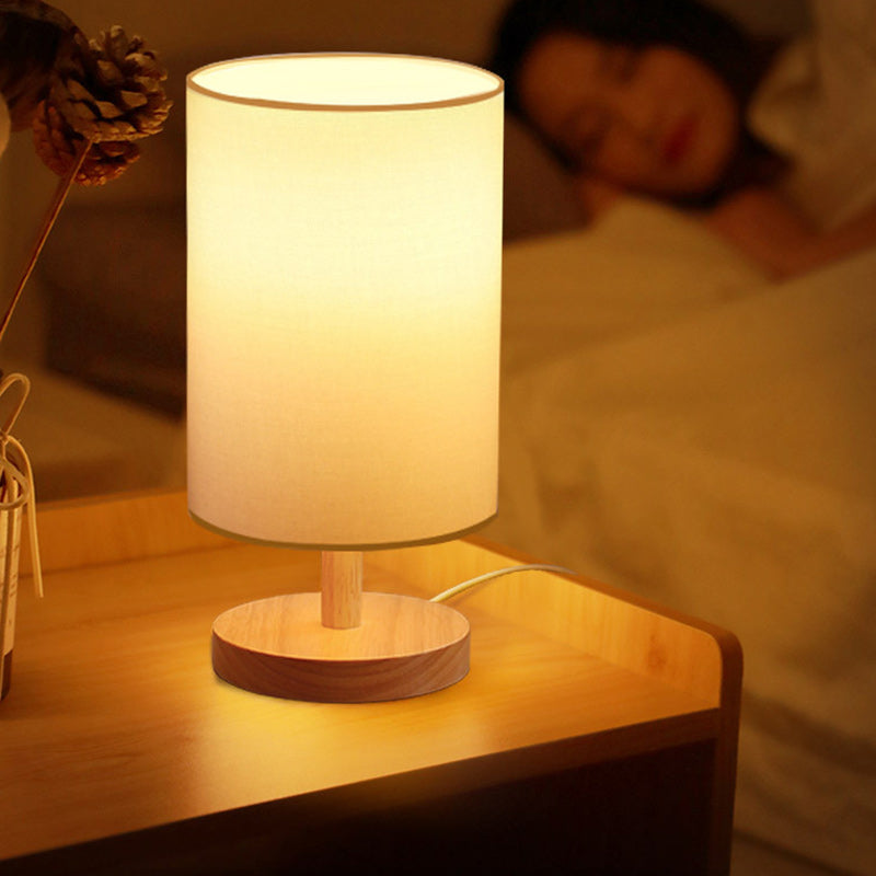 Traditionell japansk cylinder trä tyg 1-lampa bordslampa för vardagsrummet | Veska