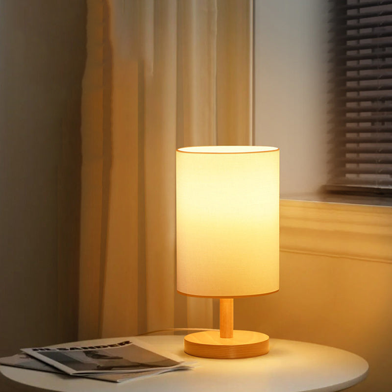 Traditionell japansk cylinder trä tyg 1-lampa bordslampa för vardagsrummet | Veska