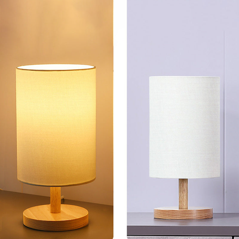 Traditionell japansk cylinder trä tyg 1-lampa bordslampa för vardagsrummet | Veska