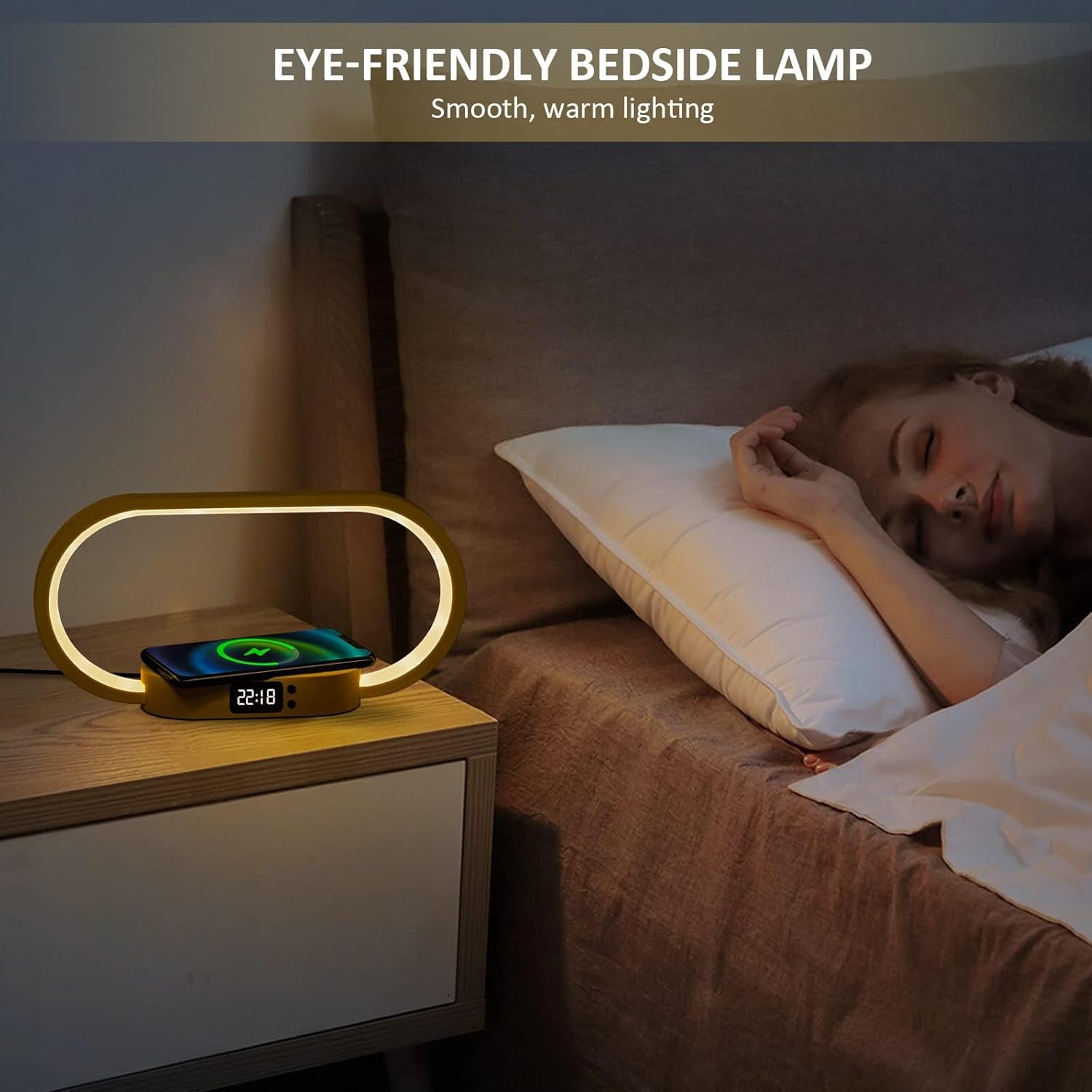 Trådlös laddande sängbords-lampa med klocka – Lumora | Veska