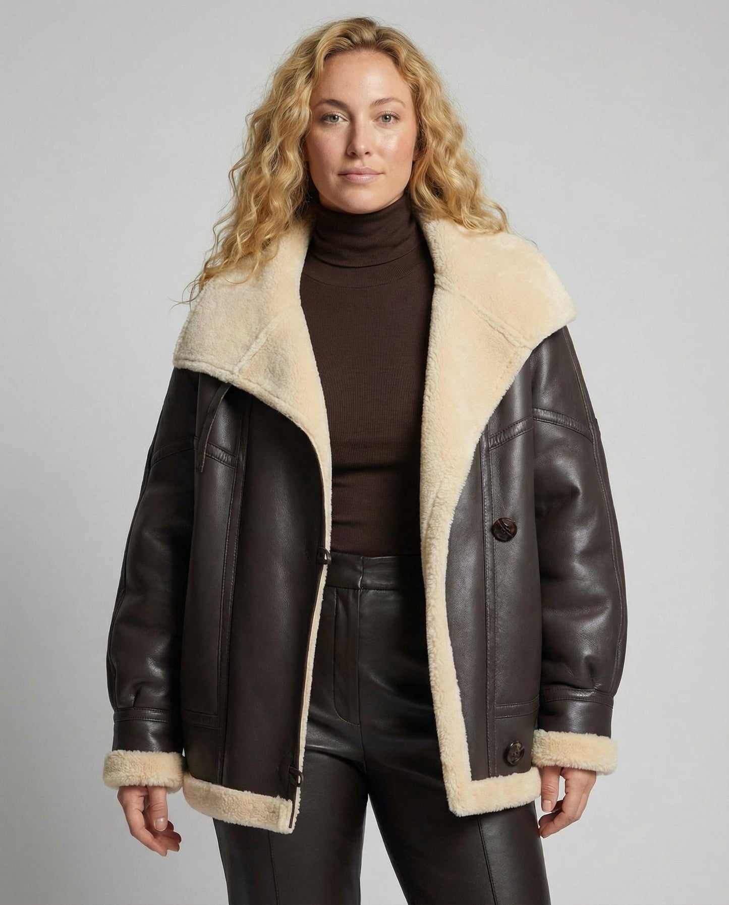 Woman wearing a brown leather jacket with beige shearling trim on a gray background