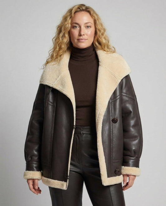 Woman wearing a brown leather jacket with beige shearling trim on a gray background