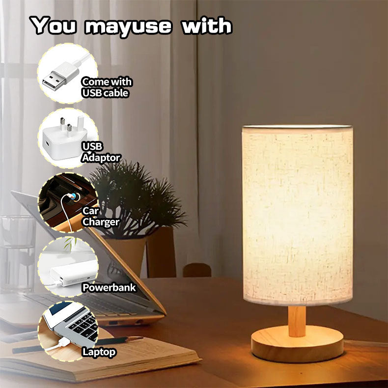 USB Solid Wood Fabric Table Lamp | Veska