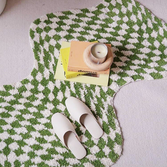 Vågig rutad mini matta | Veska 120x88cm Grön + Elfenben