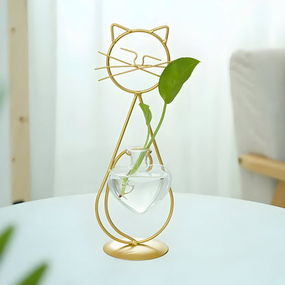 Vas - Hydroponisk Glas Hjärta Vas med Katt-formad Hållare | Veska C