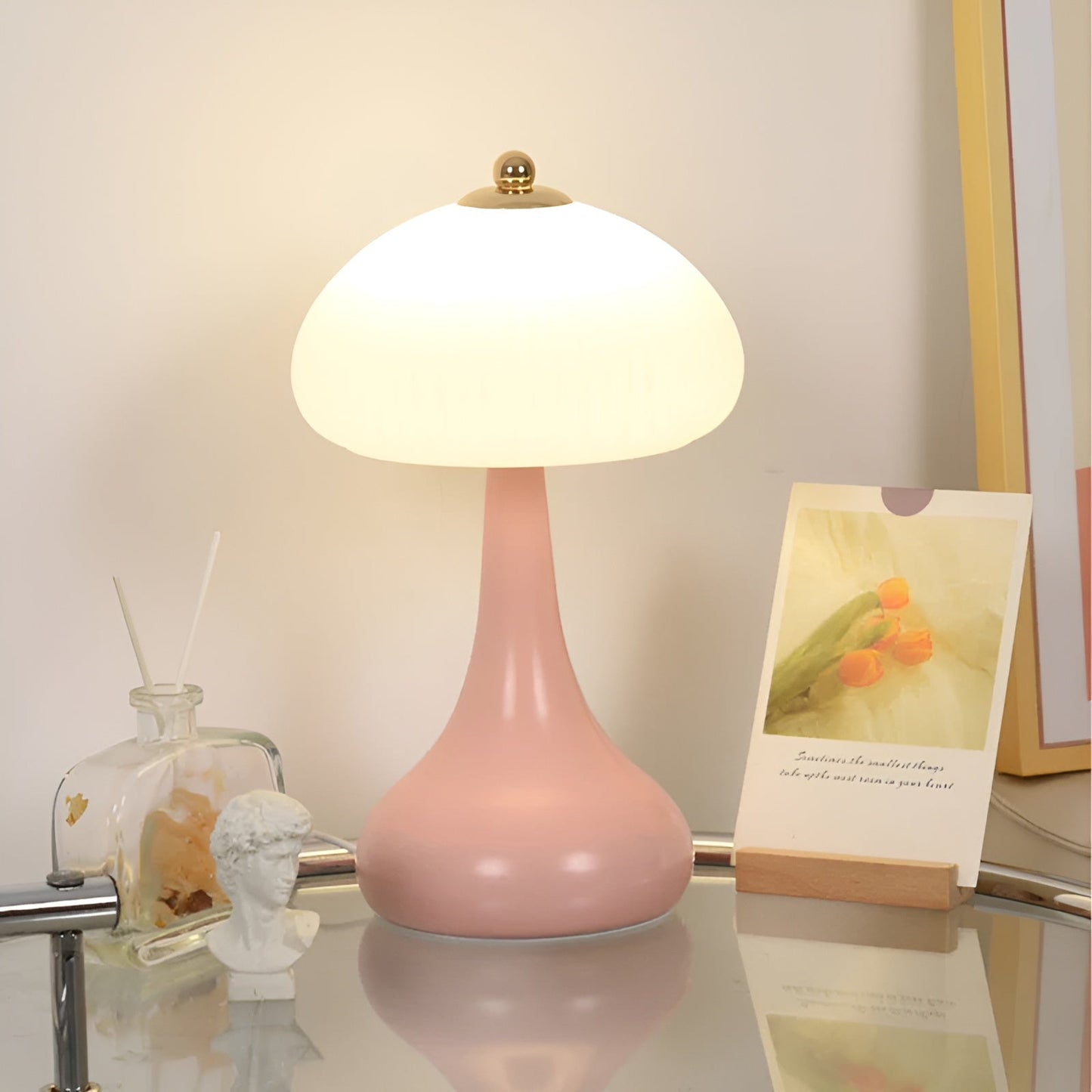Veska | Eleganza Luxe Bordslampa – Tidslös Svampform med LED-dimningsfunktion i Mjuka Färger Rosa Akrylskärm