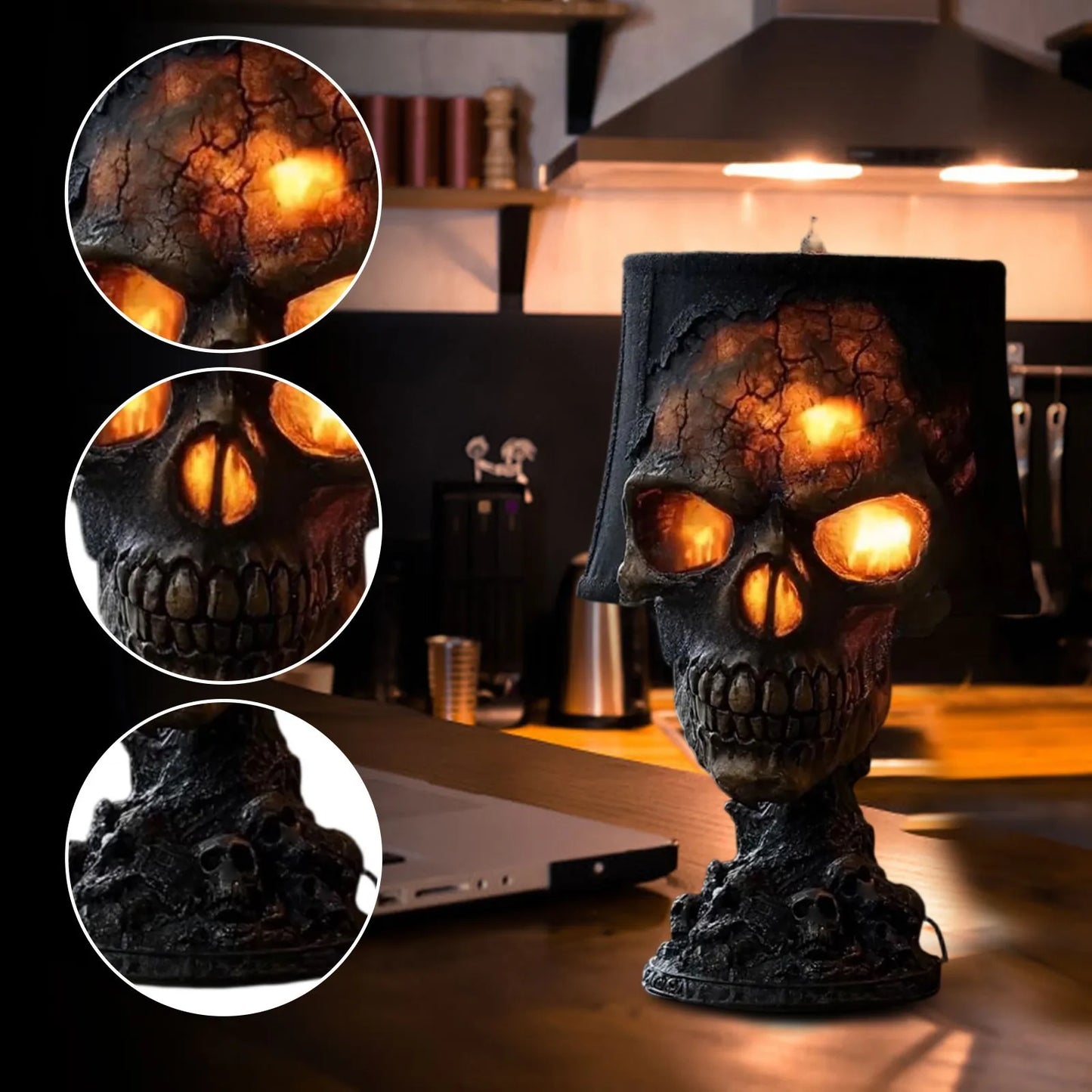 Veska | Gotisk Bordslampa SkullFire | Halloween Skalle Dekor | LED Ambient Ljus | 20 x 11 x 11 cm