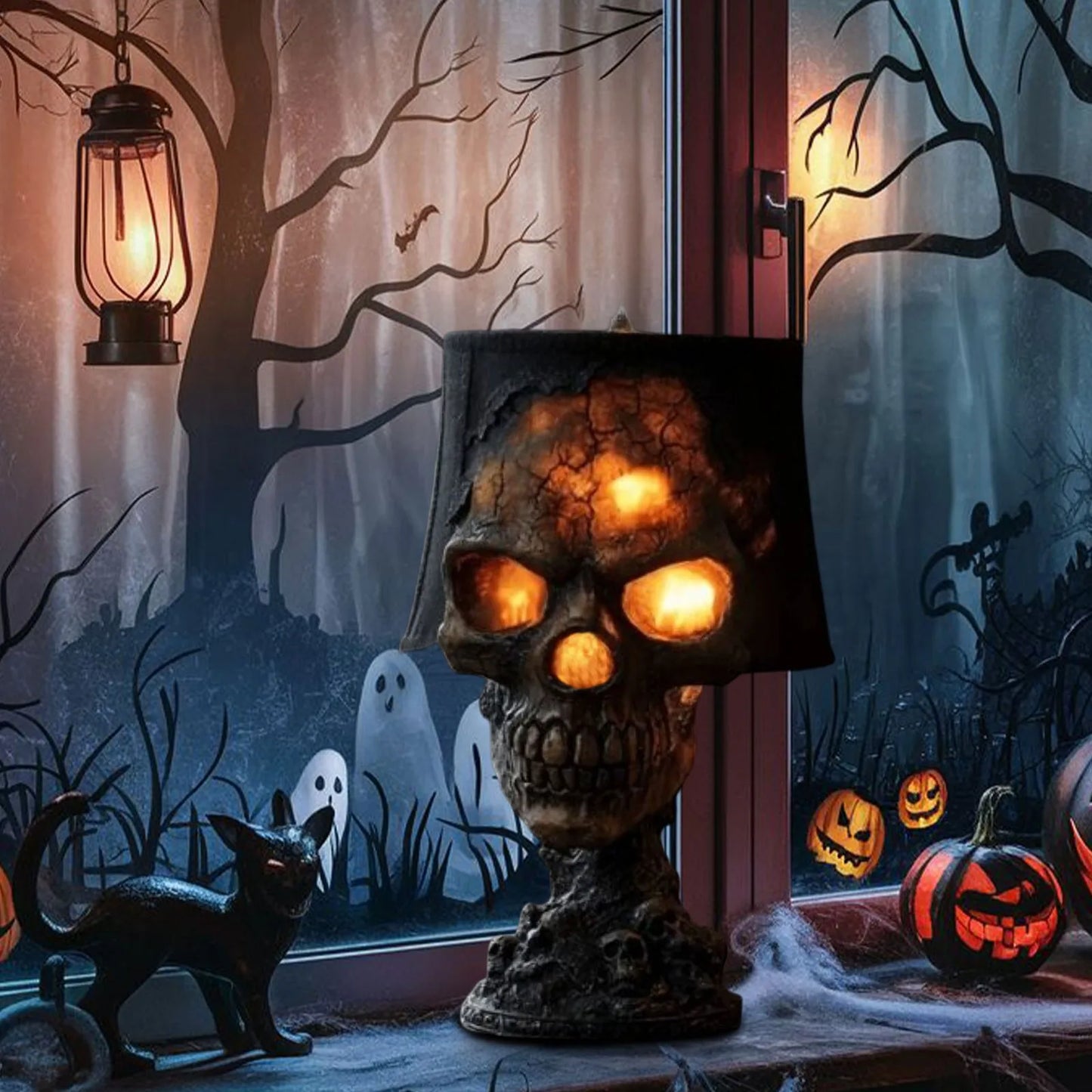 Veska | Gotisk Bordslampa SkullFire | Halloween Skalle Dekor | LED Ambient Ljus | 20 x 11 x 11 cm