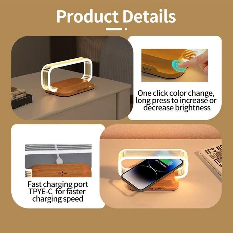 Veska | LumiCharge Touch | LED Bords lampe med trådløs oplader | Dæmpbar & Berøringskontrol | Qi Hurtigopladningsfunktion | Trælook