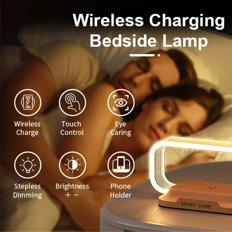 Veska | LumiCharge Touch | LED Bords lampe med trådløs oplader | Dæmpbar & Berøringskontrol | Qi Hurtigopladningsfunktion | Trælook