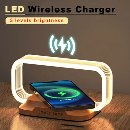 Veska | LumiCharge Touch | LED Bords lampe med trådløs oplader | Dæmpbar & Berøringskontrol | Qi Hurtigopladningsfunktion | Trælook