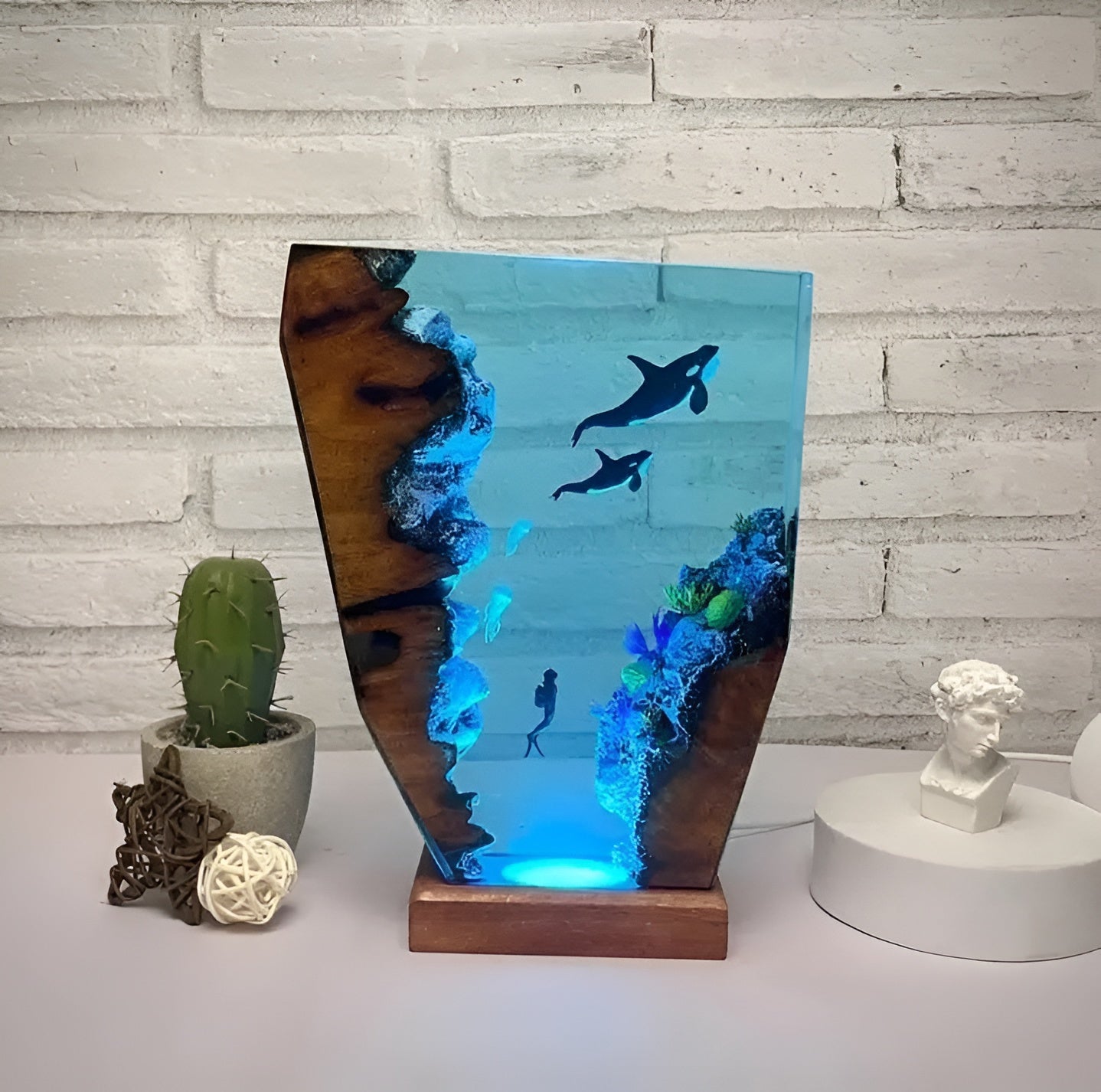Veska | OceanGlow Luxe Upplyst Bordslampa – Serene Epoxyharp med USB-laddning Himmelsblå