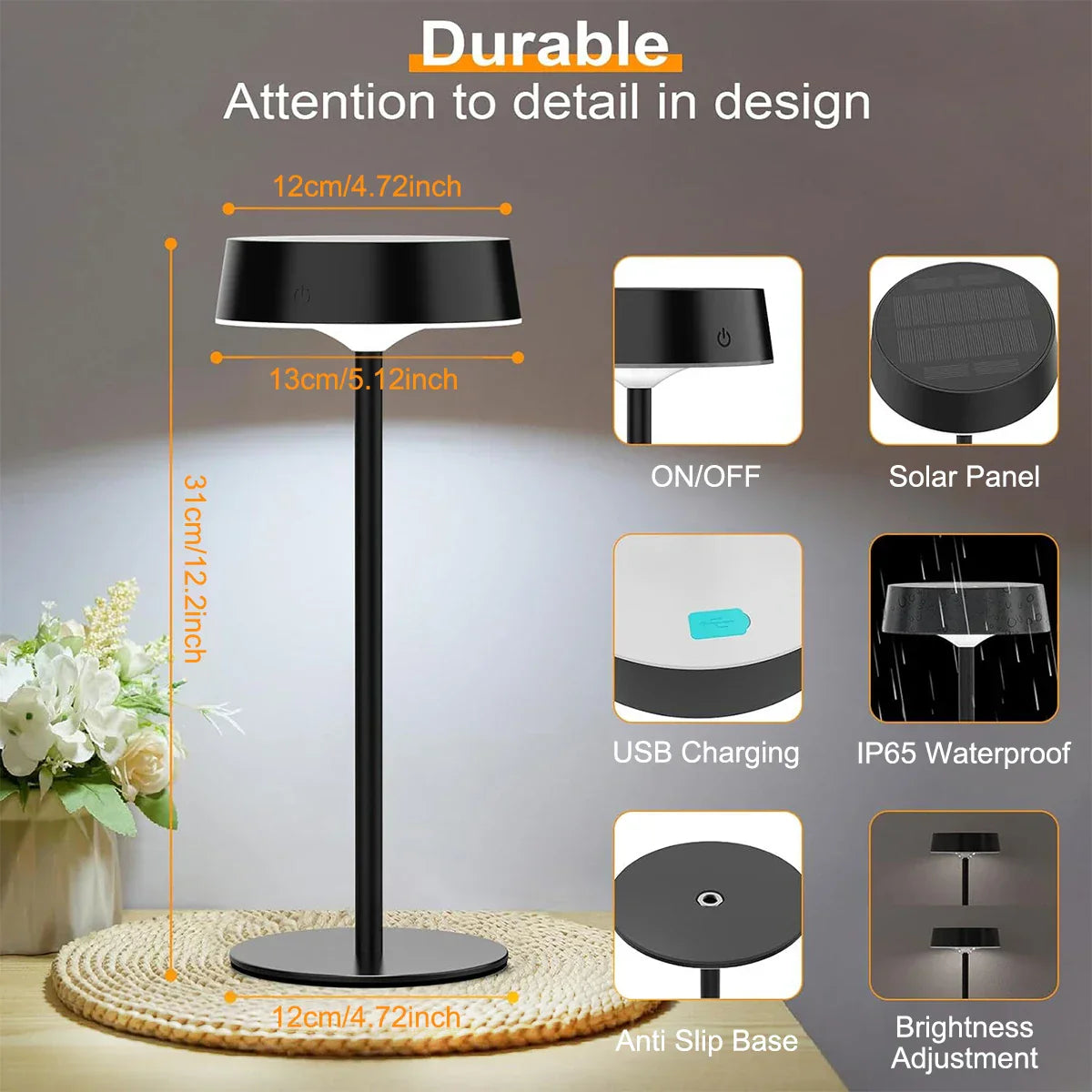 Veska | Solvella Solar Table Lamp LED | Dimbar & Sladdlös | 3 Ljusfärger | IP65 Vattentålig för Inomhus & Utomhus