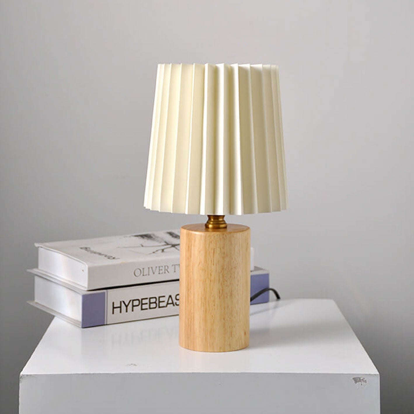 Vintage koreansk plisserad kolonn massiv träbas 1-ljuskälla bordslampa | Veska USB (5V) - Varmt ljus (3000K) Wood