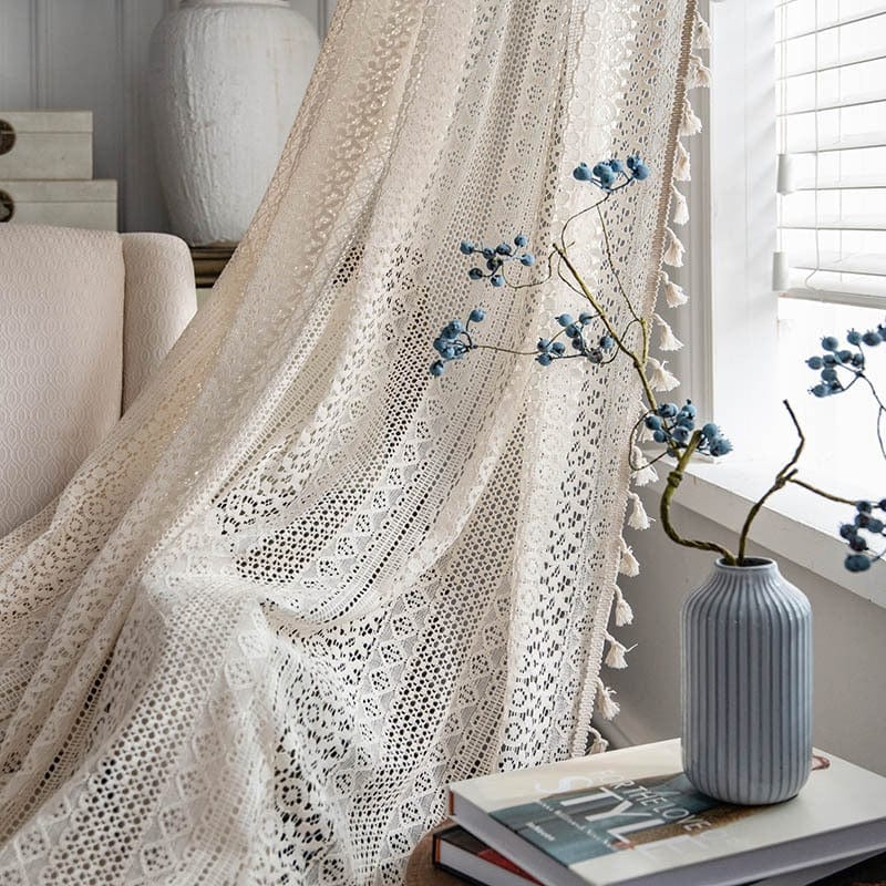 Vita Boho Fransen Gardinerar | Veska Grommet Top