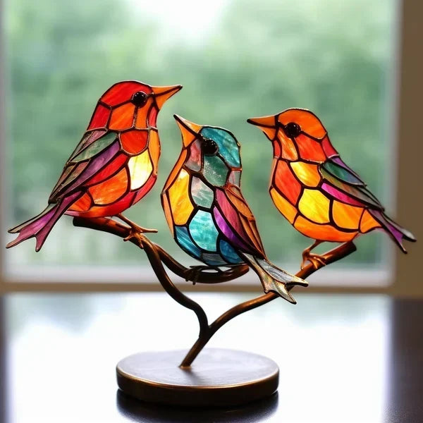 VitraGlow Hantverkad Färgad Bord Dekor | Konstnärlig Lyx Ornament | Veska 3 Fåglar (Typ 1)